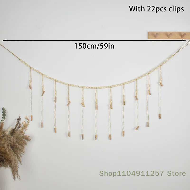 Boho Photo Display Wall Hanging - Wood Bead Macrame Tapestry