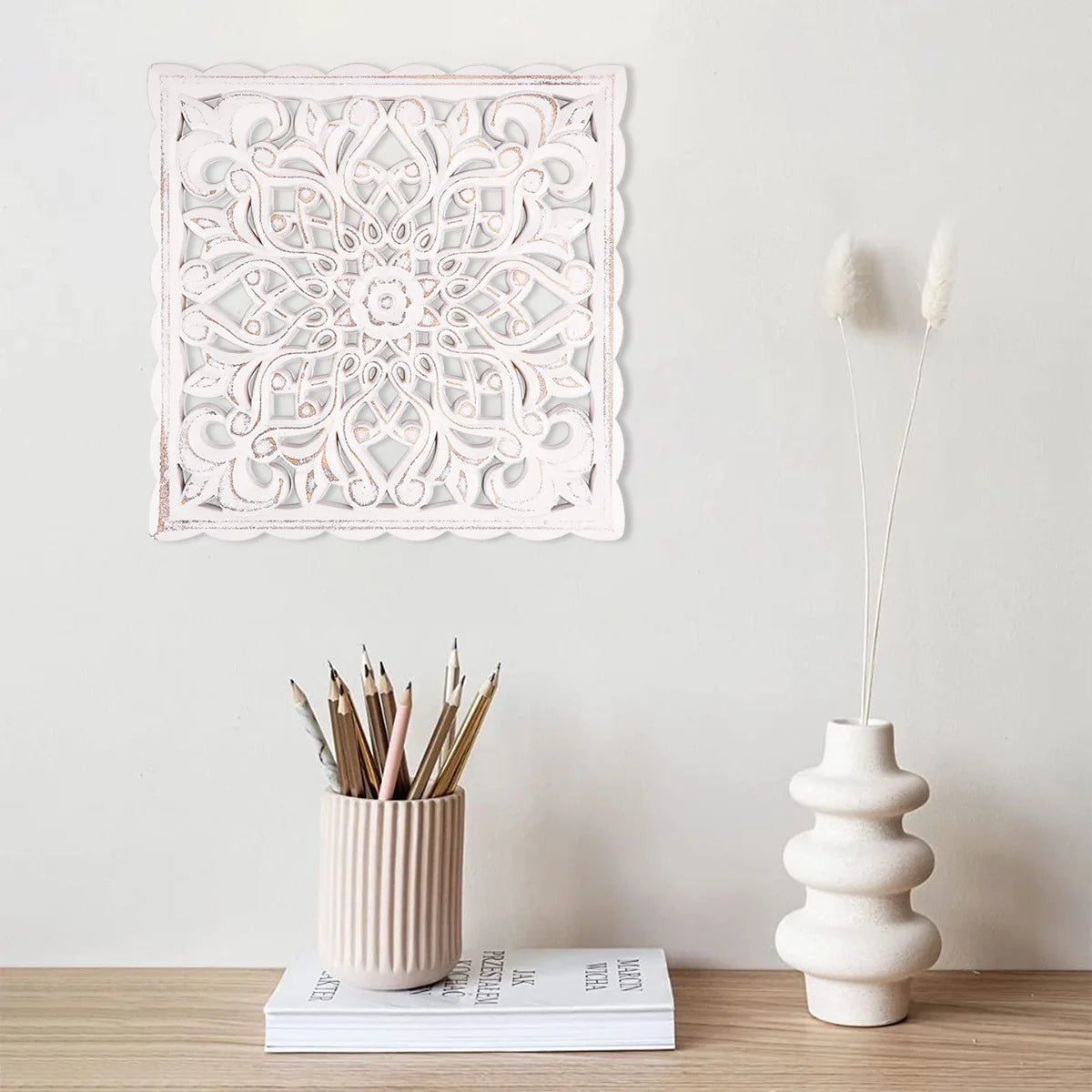 Carved Wooden Wall Panel - 30cm Floral Hollow Rustic Art Sculpture