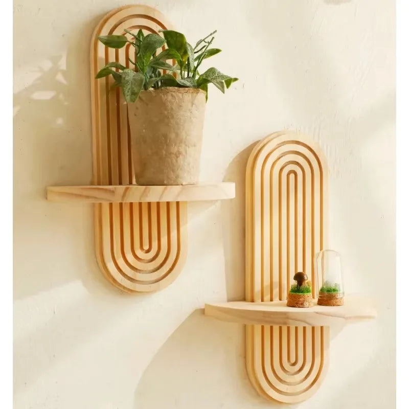 Boho Wooden Wall Shelf - Modern Floating Display Rack