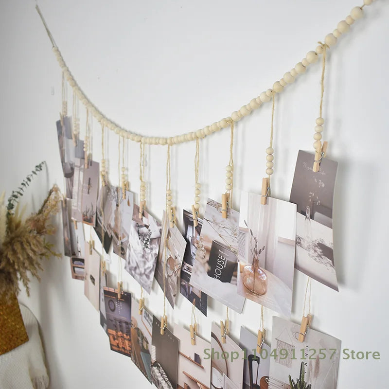 Boho Photo Display Wall Hanging - Wood Bead Macrame Tapestry