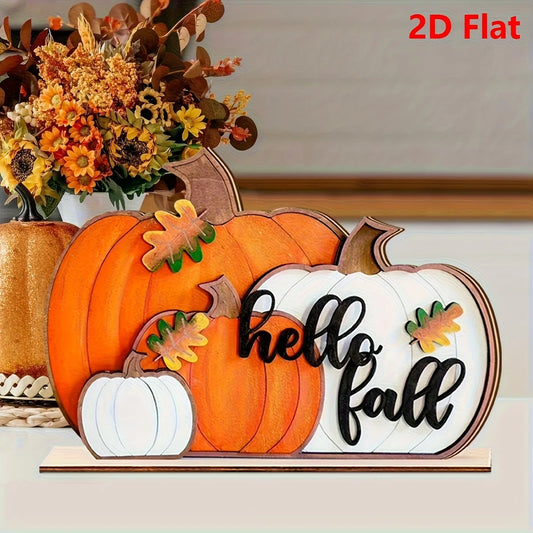 Hello Pumpkin Wooden Sign - Fall Farmhouse Block Decor for Kitchen