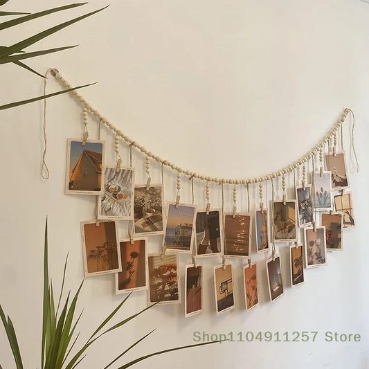 Boho Photo Display Wall Hanging - Wood Bead Macrame Tapestry