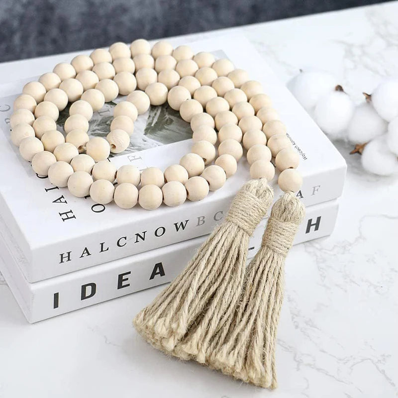 Bohemian Wood Bead Wall Hanging - Macrame Tassel Garland Decor