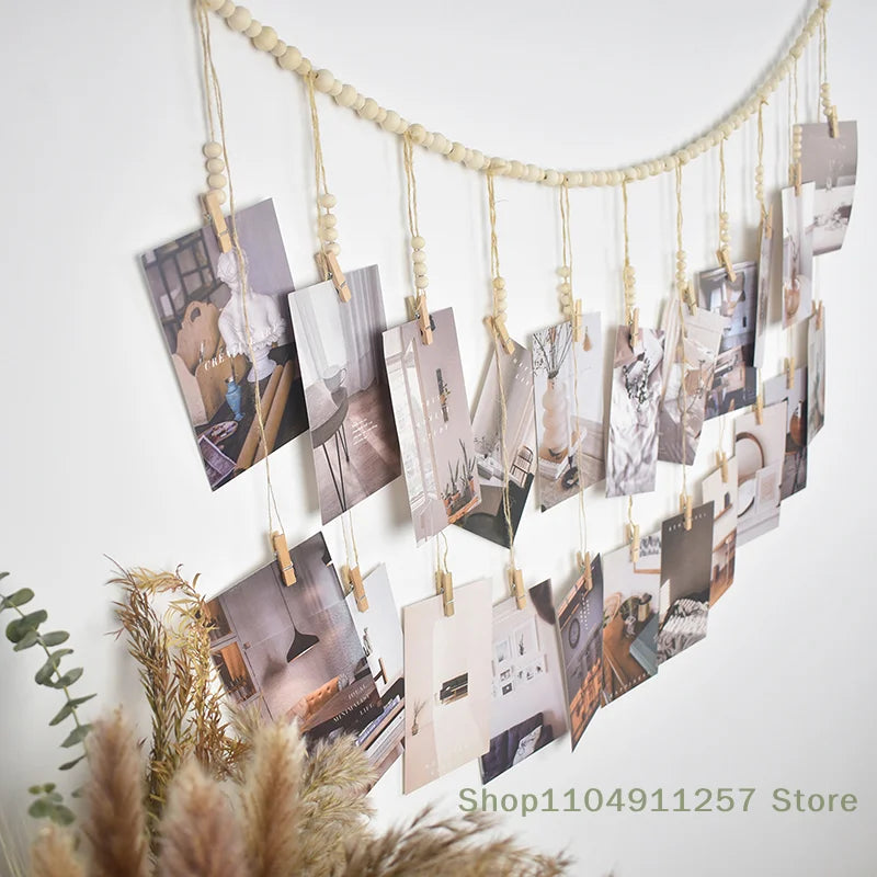 Boho Photo Display Wall Hanging - Wood Bead Macrame Tapestry