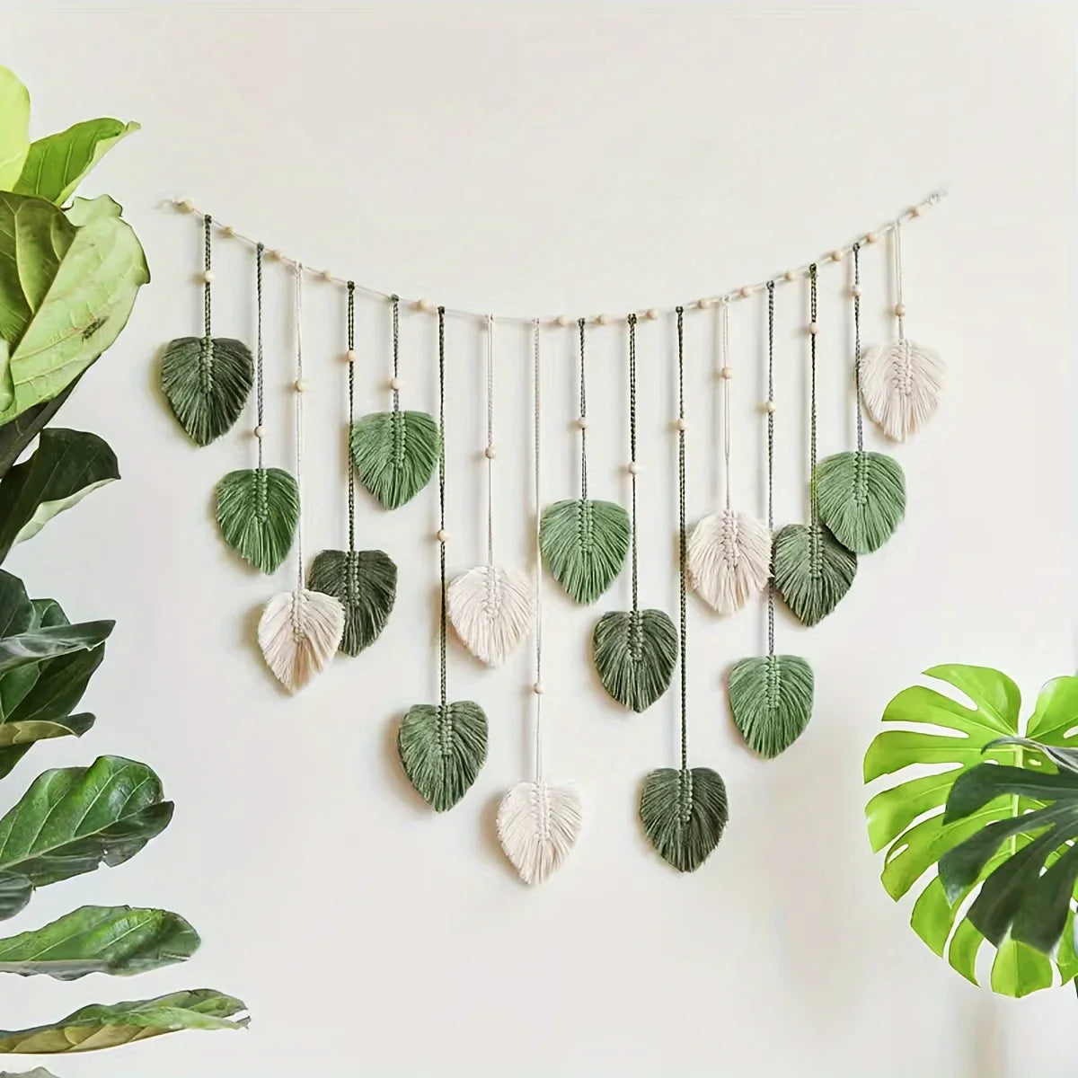 Woven Wall Hanging - Green Leaves & Feather Decor