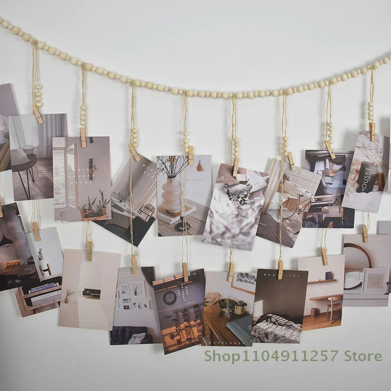 Boho Photo Display Wall Hanging - Wood Bead Macrame Tapestry