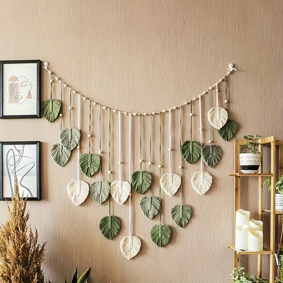 Woven Wall Hanging - Green Leaves & Feather Decor