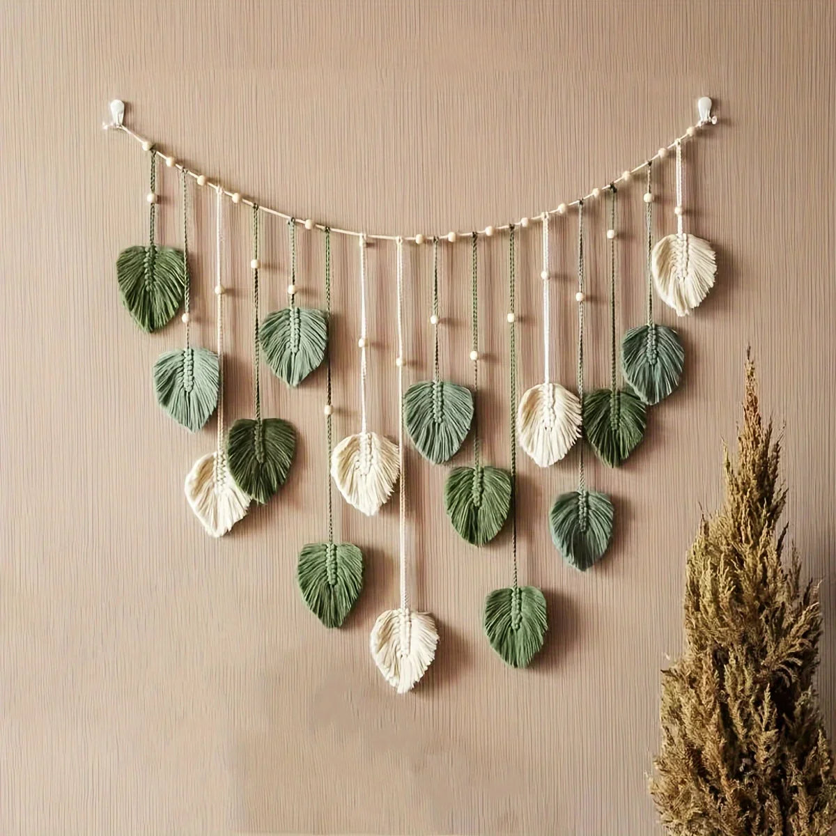 Woven Wall Hanging - Green Leaves & Feather Decor