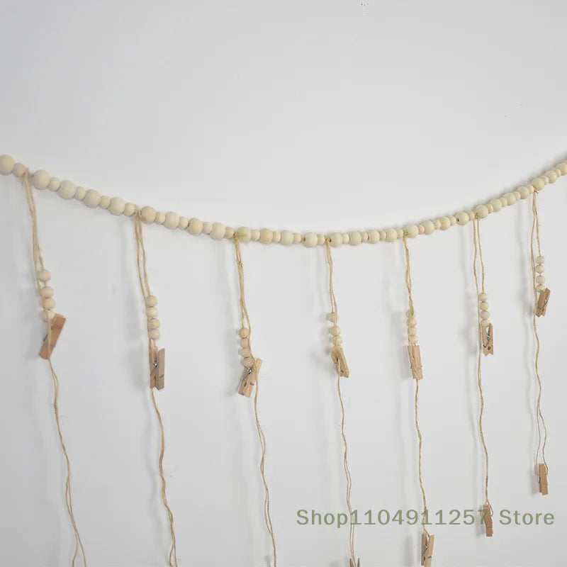 Boho Photo Display Wall Hanging - Wood Bead Macrame Tapestry