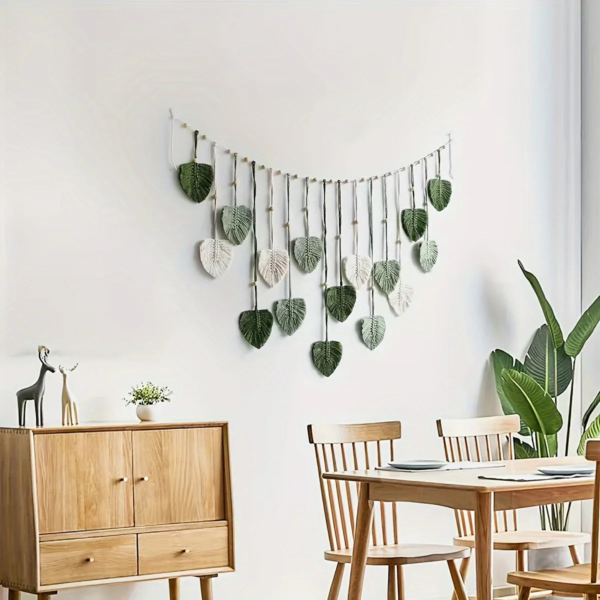 Woven Wall Hanging - Green Leaves & Feather Decor