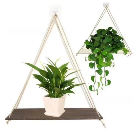 Wooden Swing Shelf - Hanging Rope Wall Mount Plant Display