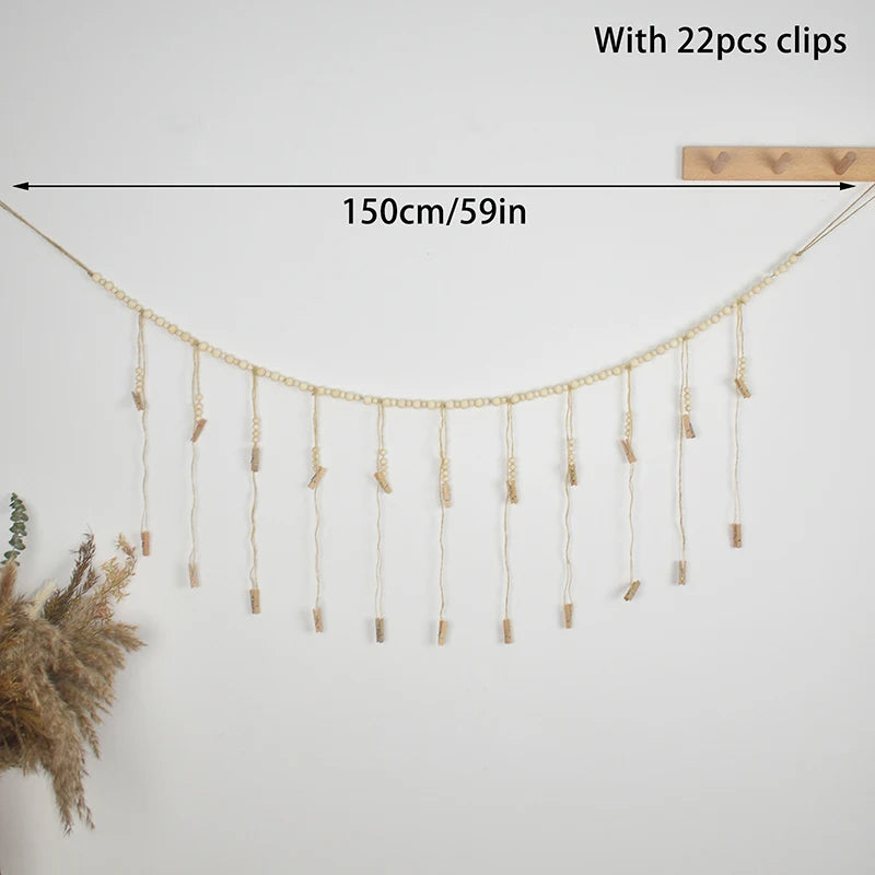 Boho Photo Display Wall Hanging - Wood Bead Macrame Tapestry