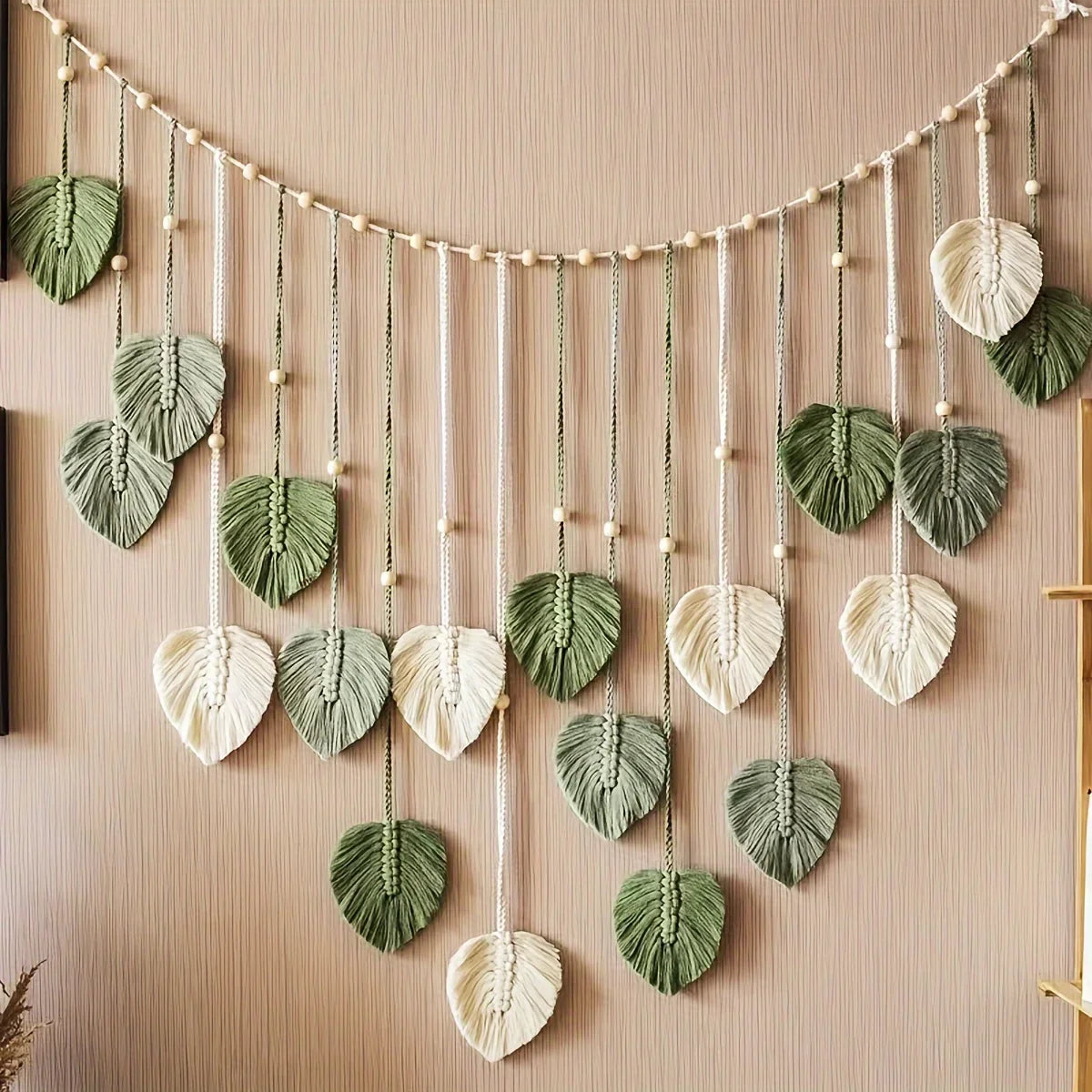 Woven Wall Hanging - Green Leaves & Feather Decor