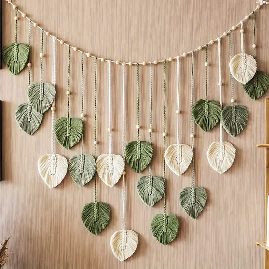Woven Wall Hanging - Green Leaves & Feather Decor
