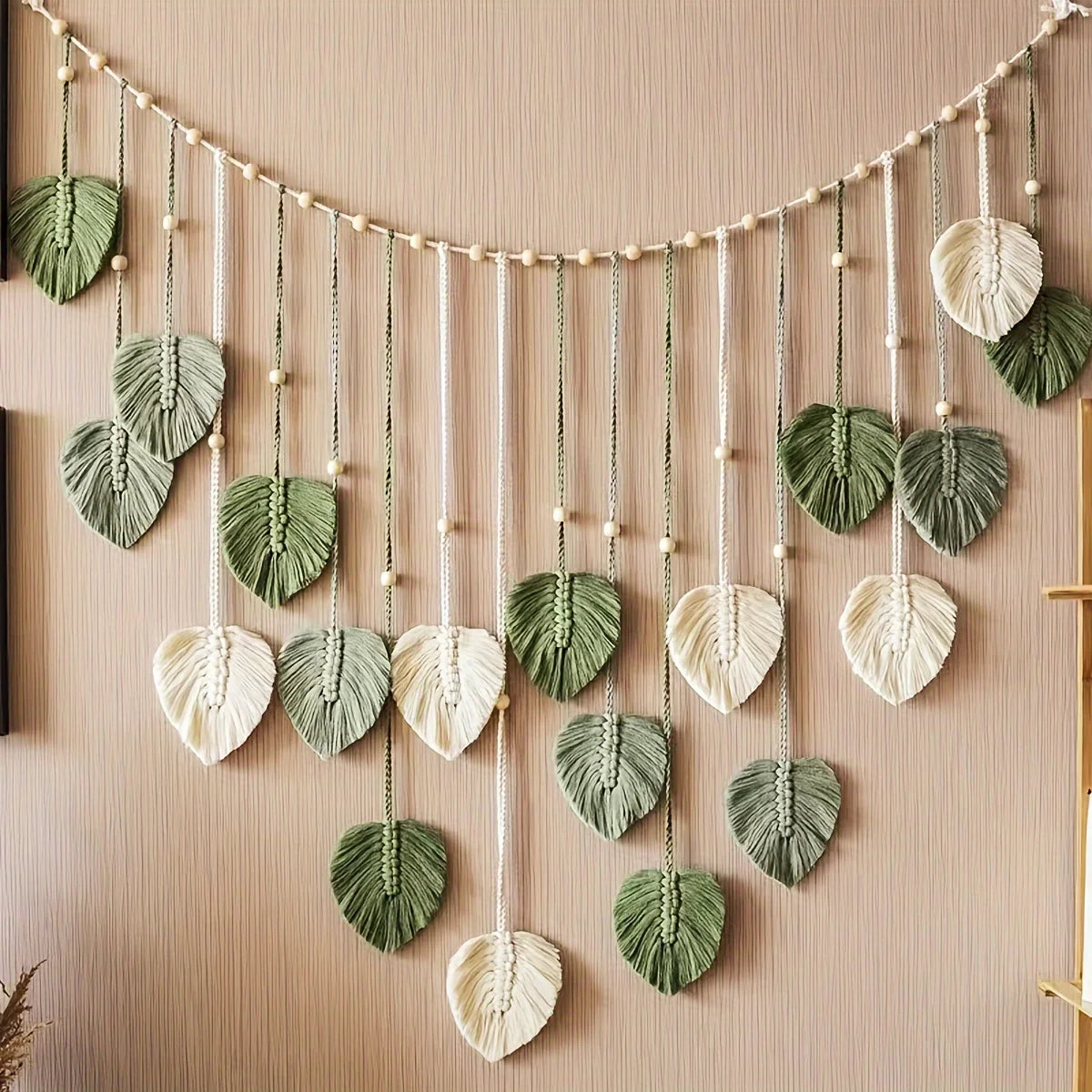 Woven Wall Hanging - Green Leaves & Feather Decor