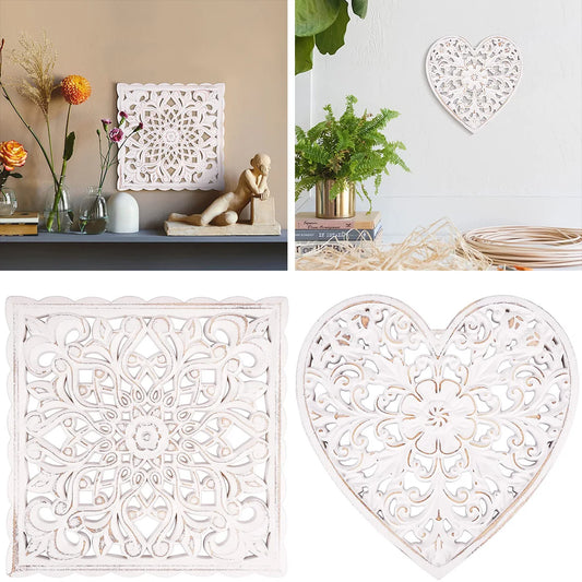 Carved Wooden Wall Panel - 30cm Floral Hollow Rustic Art Sculpture