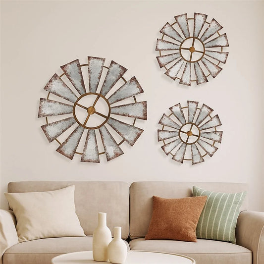 Rustic Wood Windmill Wall Art - 3 Piece Farmhouse Decor Collection