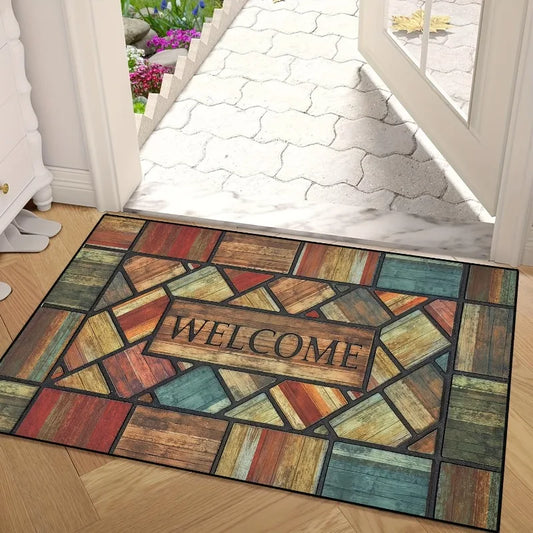 Farmhouse Welcome Doormat - Black & White Plaid Floral Design