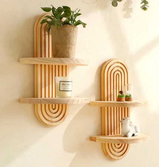 Boho Wooden Wall Shelf - Modern Floating Display Rack