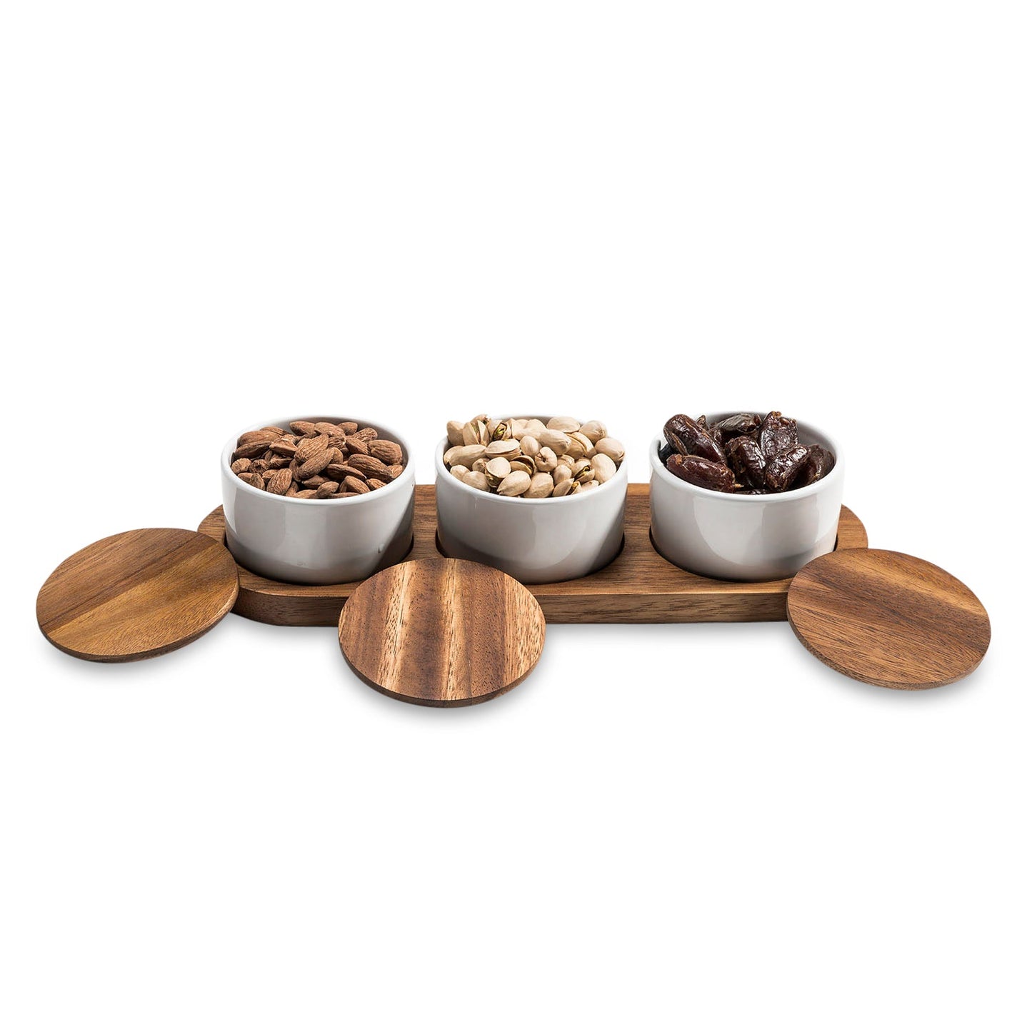 Condiment Serving Set 3 Ceramic Bowls with Lids 13" x 3.75" - HavenlyCo