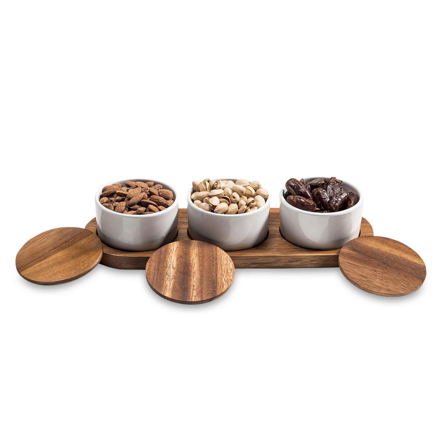 Condiment Serving Set 3 Ceramic Bowls with Lids 13" x 3.75" - HavenlyCo