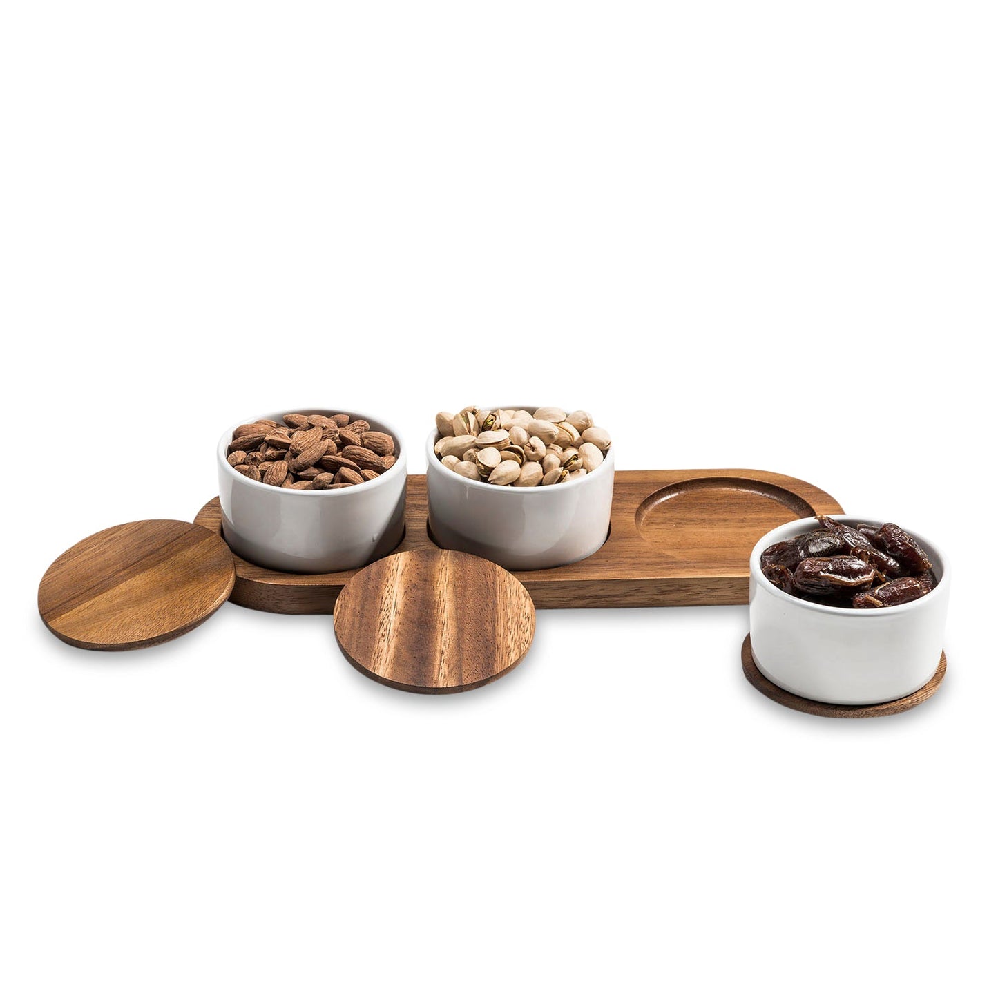 Condiment Serving Set 3 Ceramic Bowls with Lids 13" x 3.75" - HavenlyCo