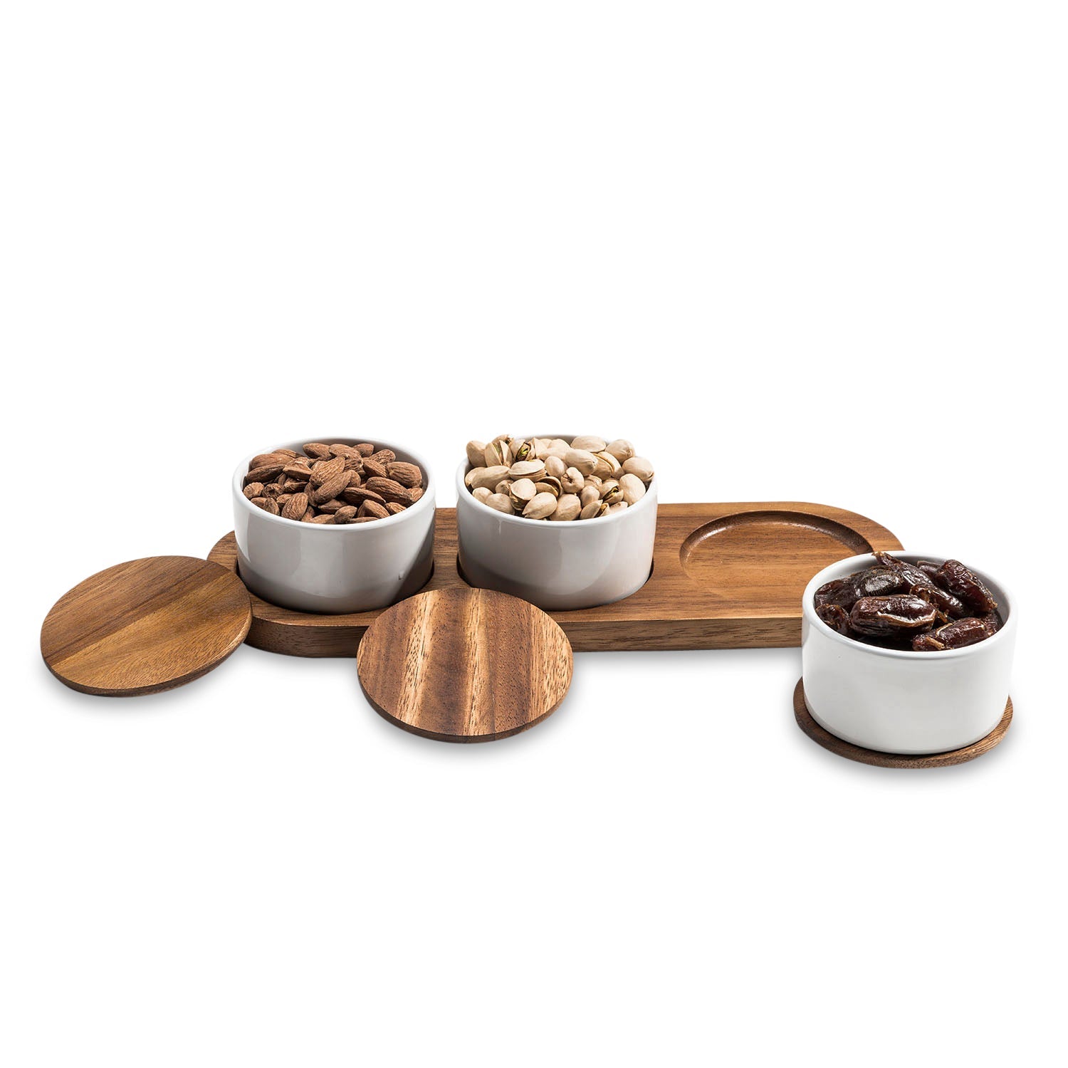 Condiment Serving Set 3 Ceramic Bowls with Lids 13" x 3.75" - HavenlyCo