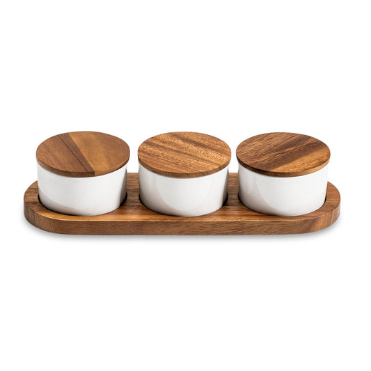 Condiment Serving Set 3 Ceramic Bowls with Lids 13" x 3.75" - HavenlyCo